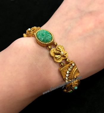 1950's Goldette Carved Green Glass Stone & Charms Gold Plated Bracelet (SOLD) - The Vintage Concept