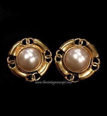 Chanel Gold Tone Faux Pearl with 4 Logo Clip Earring (SOLD) - The Vintage Concept