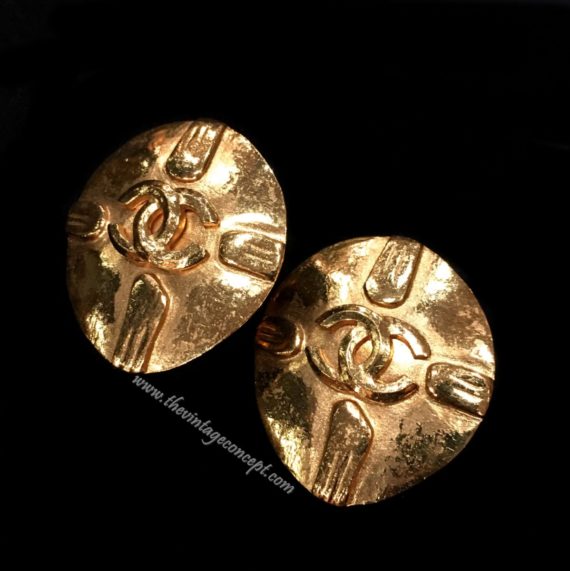 Chanel Gold Tone Big Shield Logo Clip Earring 98P (SOLD) - The Vintage Concept