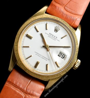 Rolex Datejust 18K YG Bark-Finish White Dial 1607 (SOLD) - The Vintage Concept