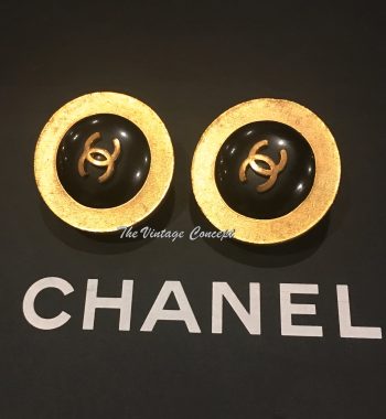 Chanel Gold Tone Round Shape Black w/ Logo Clip Earrings 94P (SOLD) - The Vintage Concept