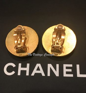 Chanel Gold Tone Round Shape Black w/ Logo Clip Earrings 94P (SOLD) - The Vintage Concept