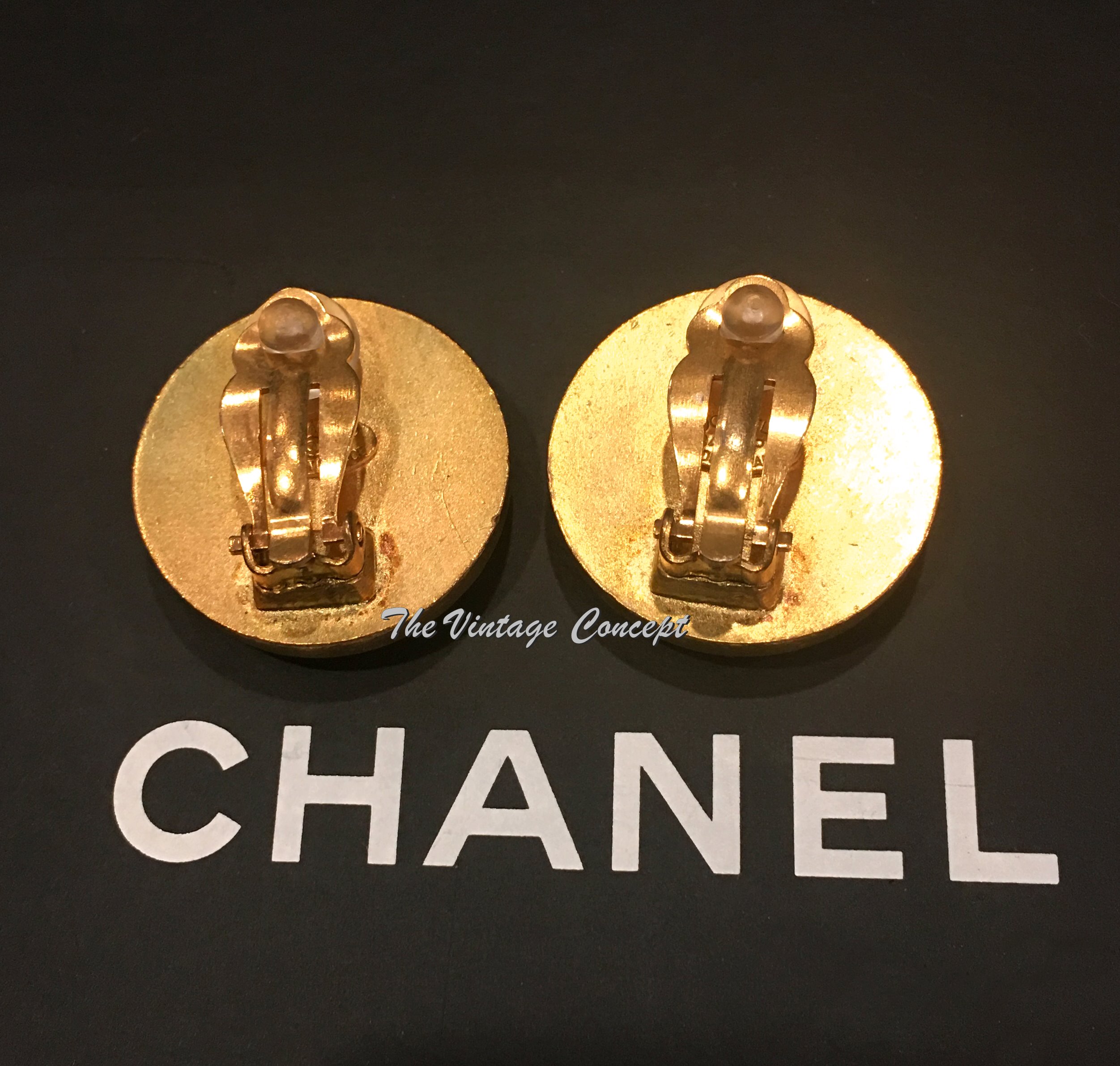Chanel Gold Tone Round Shape Black w/ Logo Clip Earrings 94P (SOLD ...