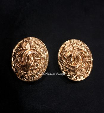 Chanel Gold Tone Oval Scramble Word Logo Clip Earrings 95A (SOLD) - The Vintage Concept