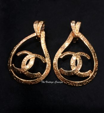 Chanel Gold Tone Teardrop Big Logo w/ Engraving Clip Earrings 96P (SOLD) - The Vintage Concept