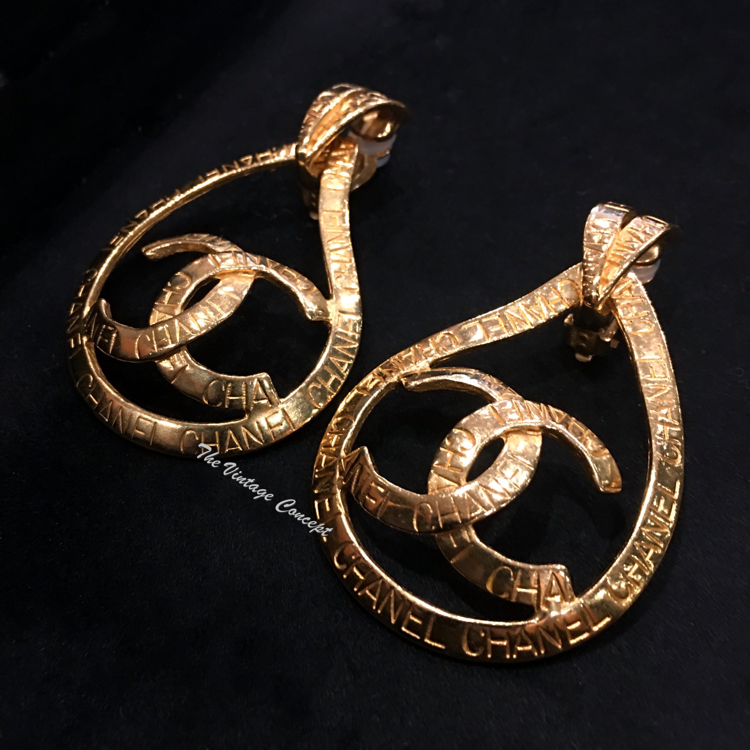 Chanel Gold Tone Teardrop Big Logo w/ Engraving Clip Earrings 96P (SOLD) The Vintage Concept