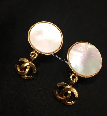 Chanel Gold Tone Mother of Pearl Dangle Logo Clip Earrings 95A (SOLD) - The Vintage Concept