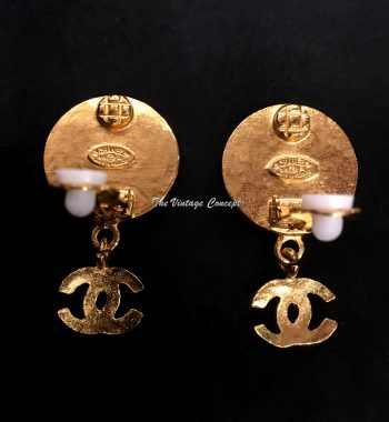 Chanel Gold Tone Mother of Pearl Dangle Logo Clip Earrings 95A (SOLD) - The Vintage Concept