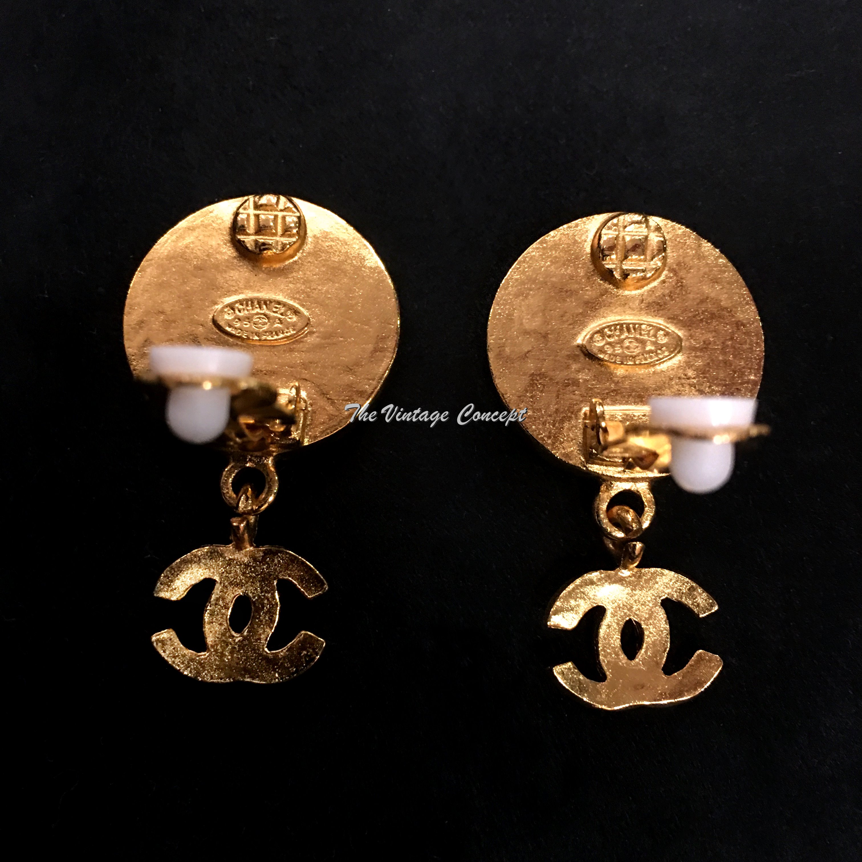 Chanel Gold Tone Mother of Pearl Dangle Logo Clip Earrings 95A (SOLD ...