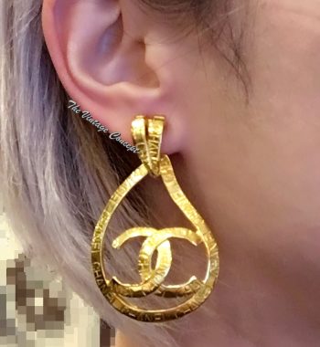 Chanel Gold Tone Teardrop Big Logo w/ Engraving Clip Earrings 96P (SOLD) - The Vintage Concept