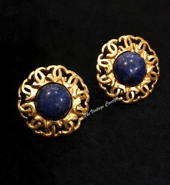 Chanel Gold Tone Blue Stone Logo Clip Earrings 95A (SOLD) - The Vintage Concept