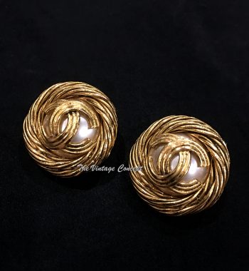 Chanel Gold Tone Faux Pearl w/ Logo Clip Earrings 94A - The Vintage Concept
