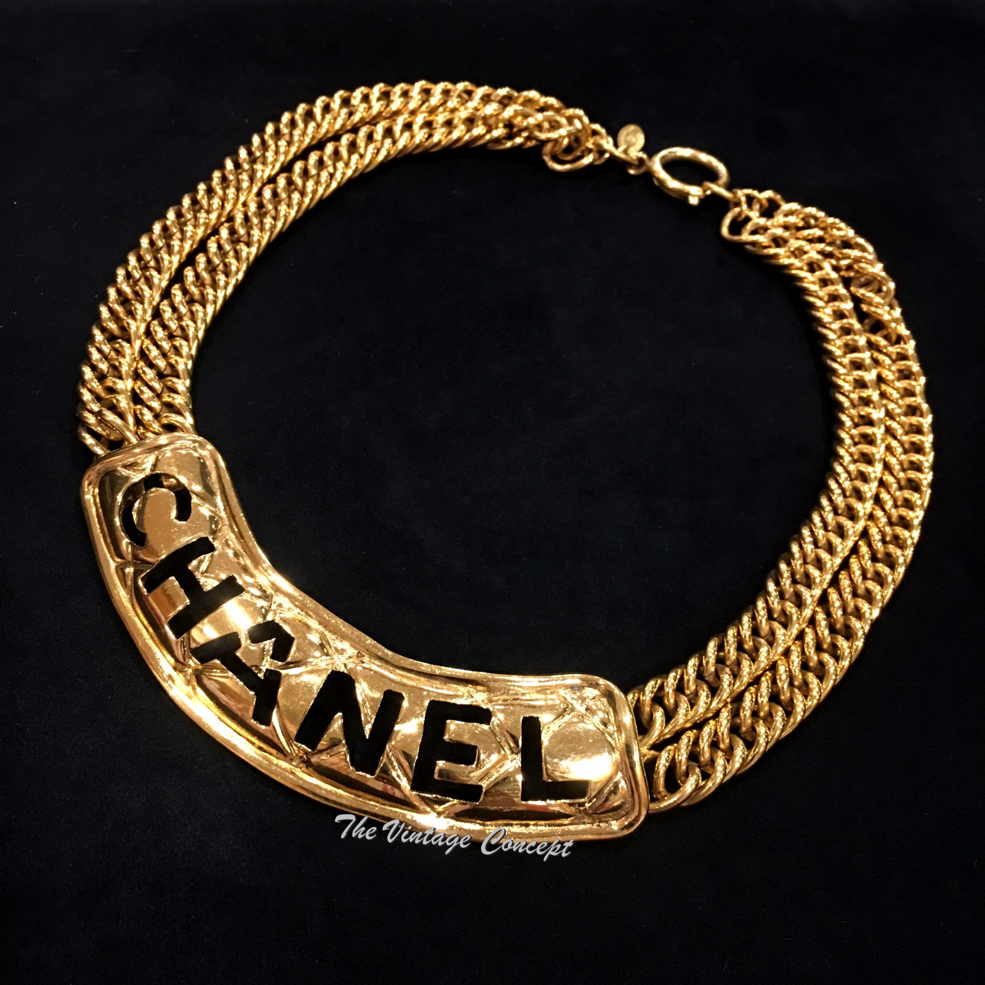 Chanel Gold Tone C-H-A-N-E-L Choker Necklace from 80's (SOLD) - The Vintage Concept