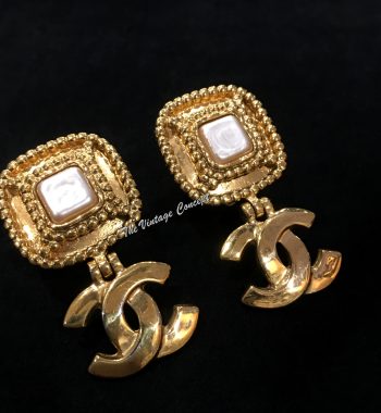 Chanel Gold Tone Square Faux Pearl Dangle Logo Clip Earrings 96A - The Vintage Concept