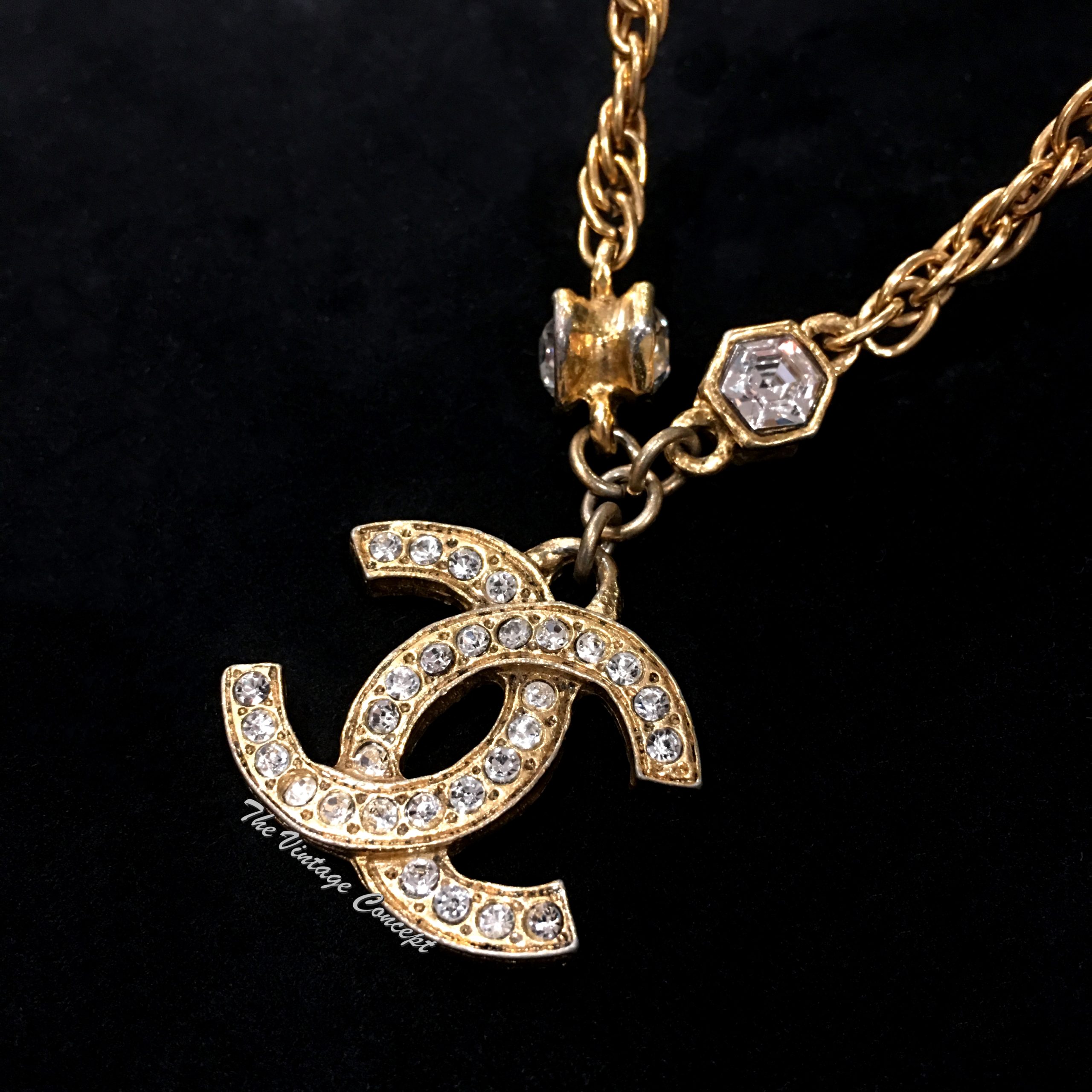 Chanel Gold Tone Short Rhinestone CC Pendant Logo Necklace from 80's (SOLD)  - The Vintage Concept
