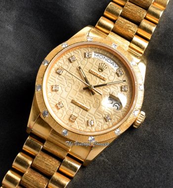 Rolex Day-Date 18K YG Bark Jubilee Anniversary Dial 18108 w/ Original Paper (SOLD) - The Vintage Concept