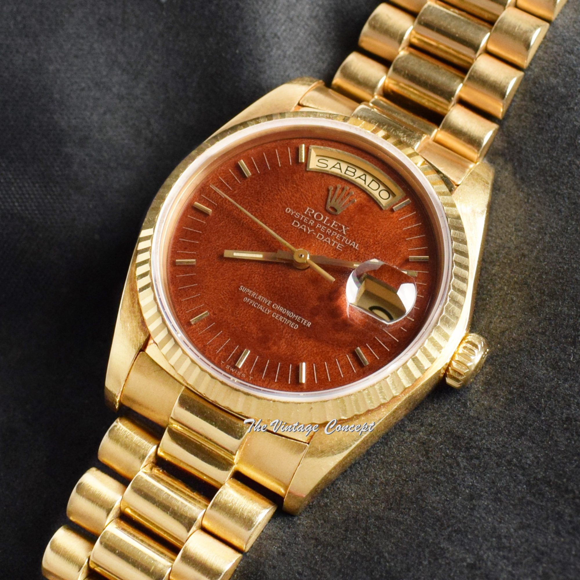 Rolex Day-Date 18K YG Wood Brown Dial 18038 - The Vintage Concept