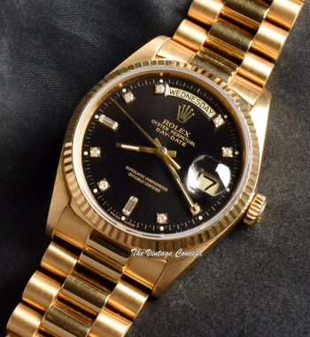 Rolex Day-Date 18K YG Black Charcoal Dial w/ Diamond Indexes 18038 (SOLD) - The Vintage Concept