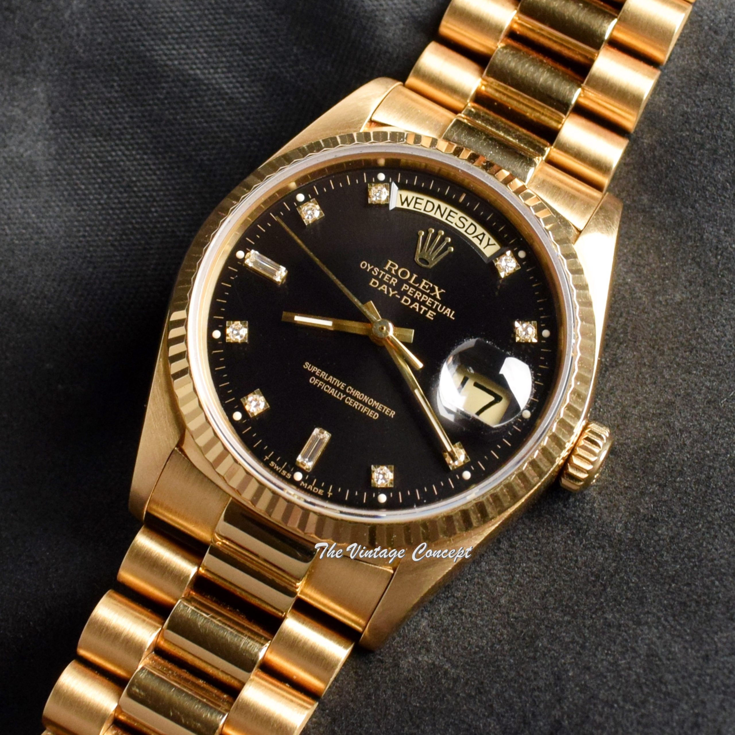 Rolex Day-Date 18K YG Black Charcoal Dial w/ Diamond Indexes 18038 ...