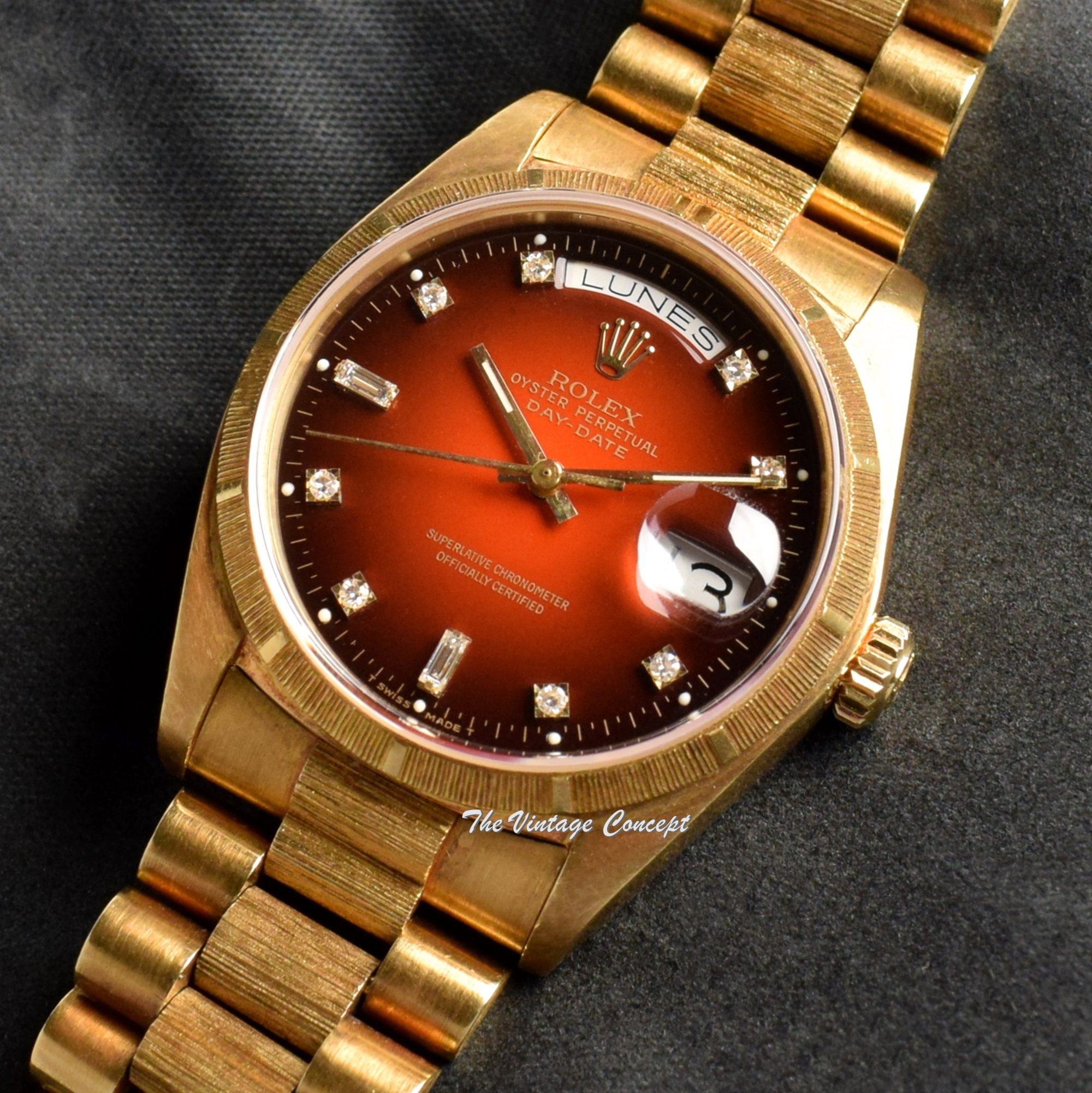 Rolex Day-Date 18K Yellow Gold Vignette Ombre Red Dial 18078 (SOLD) - The Vintage Concept