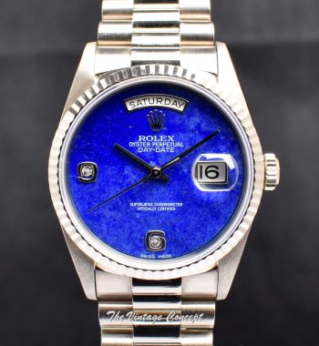 Rolex Day-Date 18K WG Lapis Dial w/ Diamond Indexes 18239 (Box Set) (SOLD) - The Vintage Concept