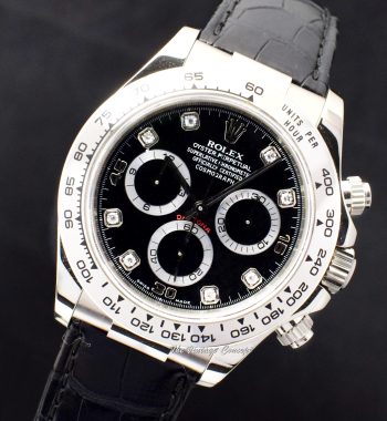 Rolex Daytona 18K White Gold Black Dial w/ Diamond Indexes 116519 (Full Set) (SOLD) - The Vintage Concept
