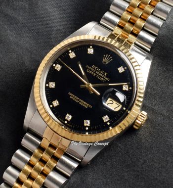 Rolex Datejust Two-Tone Glossy Black Dial w/ Diamond Indexes 16013 (SOLD) - The Vintage Concept