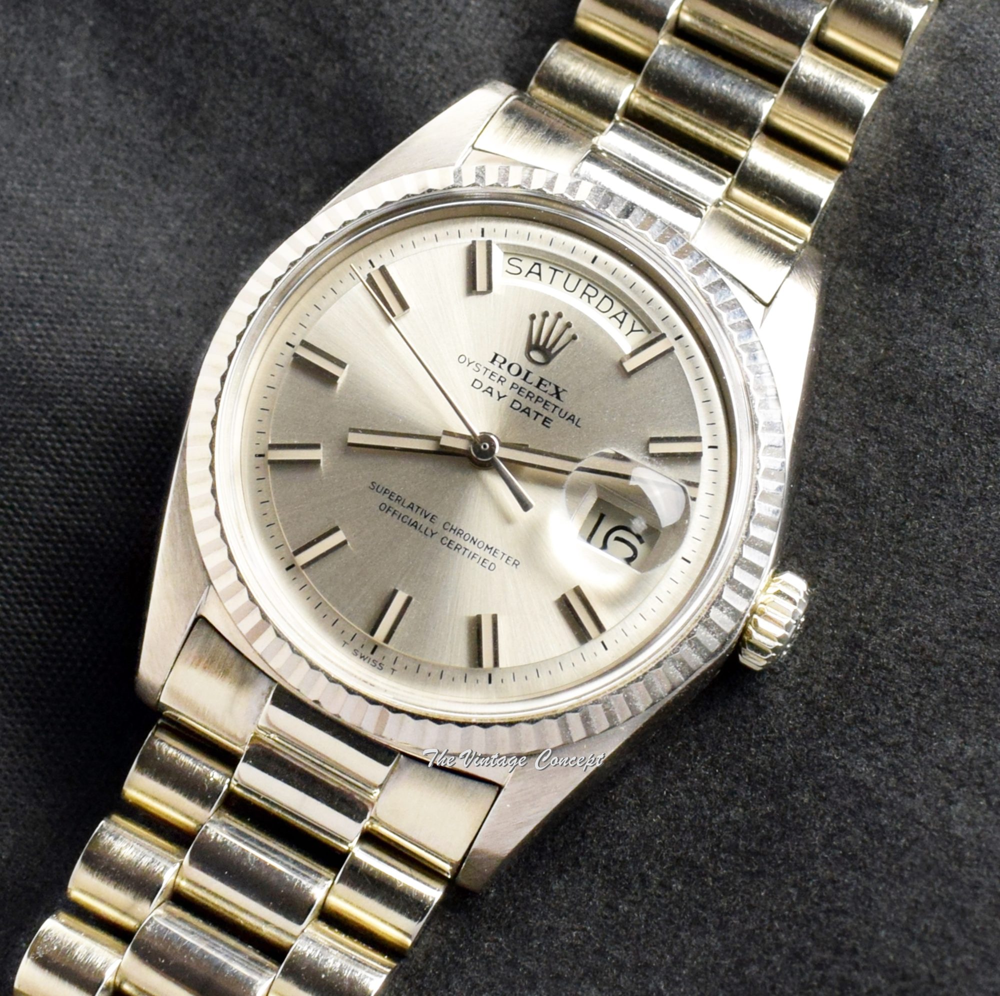 Rolex Day-Date 18K White Gold Silver Wideboy Dial 1803 (SOLD) - The Vintage Concept