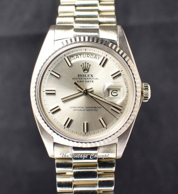 Rolex Day-Date 18K White Gold Silver Wideboy Dial 1803 (SOLD) - The Vintage Concept