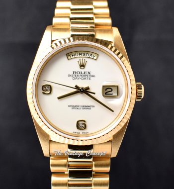 Rolex Day-Date 18K YG White Agate Stone Dial w/ Diamond Indexes 18238 (Complete Full Set) (SOLD) - The Vintage Concept