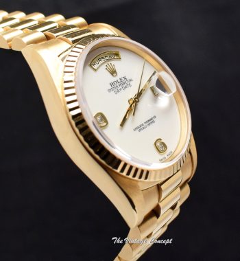 Rolex Day-Date 18K YG White Agate Stone Dial w/ Diamond Indexes 18238 (Complete Full Set) (SOLD) - The Vintage Concept