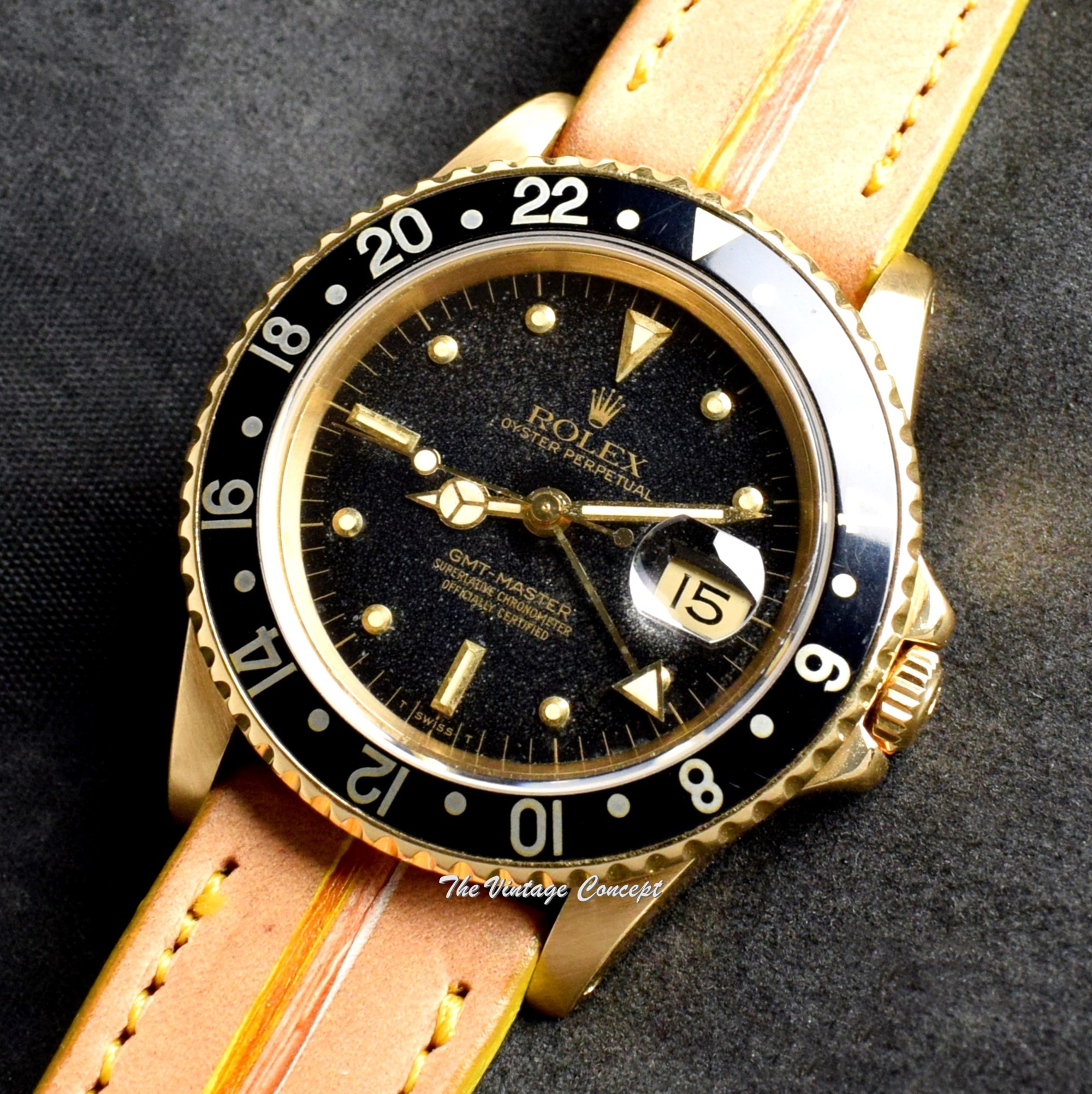 Rolex GMT-Master 18K YG Black Nipple Dial 16758 (SOLD) - The Vintage Concept