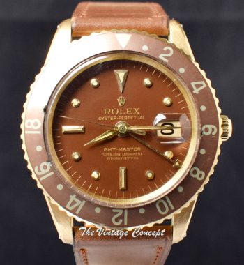 RARE Rolex GMT-Master 18K Yellow Gold No Guard Brown Nipple Dial 1675 - The Vintage Concept