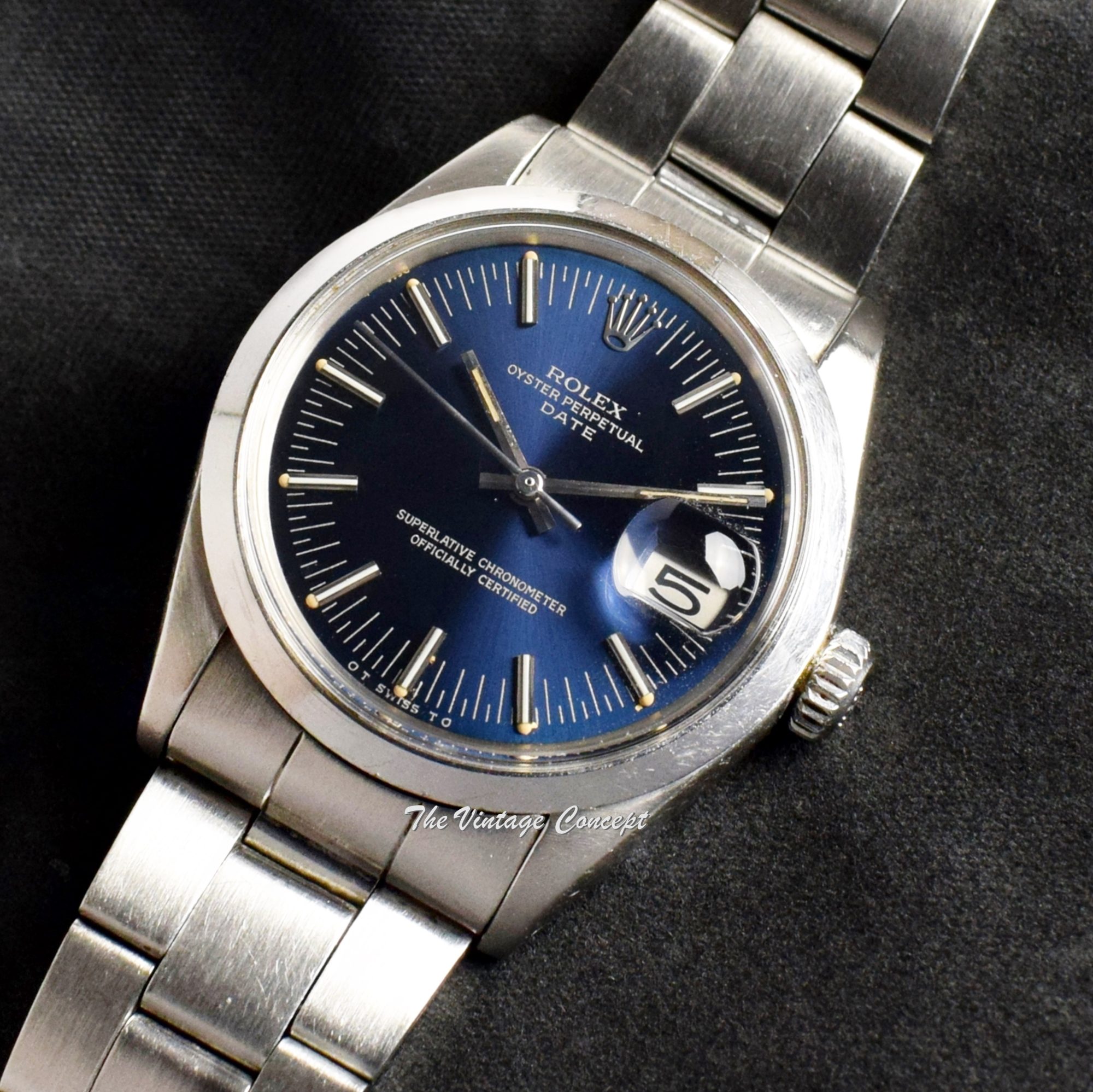 Rolex Oyster Perpetual Date Blue Dial Silver Print Sigma 1500 (SOLD) - The Vintage Concept
