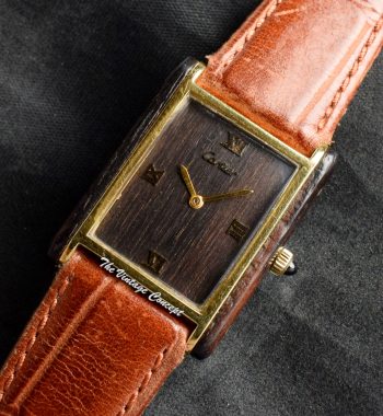 Rare Cartier Jumbo Tank Electroplated Gold Plated Wood Case & Dial Manual Wind 2512 (SOLD) - The Vintage Concept