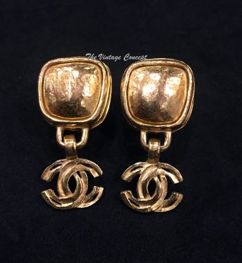 Chanel Gold Tone Gold Shiny Stone w/ Dangle CC Logo Clip Earrings 97A (SOLD) - The Vintage Concept