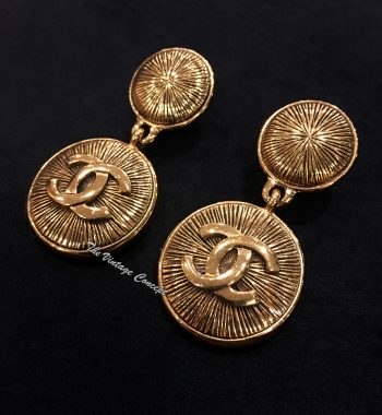 Chanel Gold Tone Round Shape Dangle Clip Earrings from 80's - The Vintage Concept