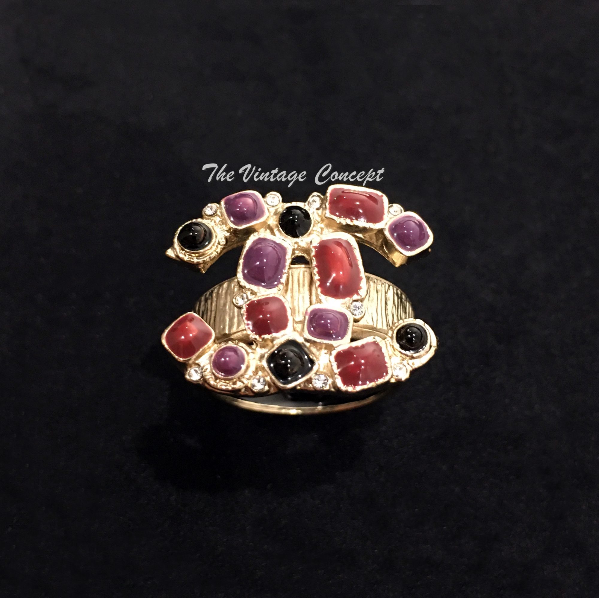 Chanel Gold Tone Color Stone Logo Ring - The Vintage Concept