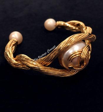 Chanel Gold Tone Faux Pearl w/ Logo Bangle (SOLD) - The Vintage Concept
