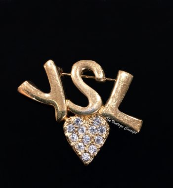 YSL Gold Tone Brooch w/ Heart Shape Rhinestone - The Vintage Concept