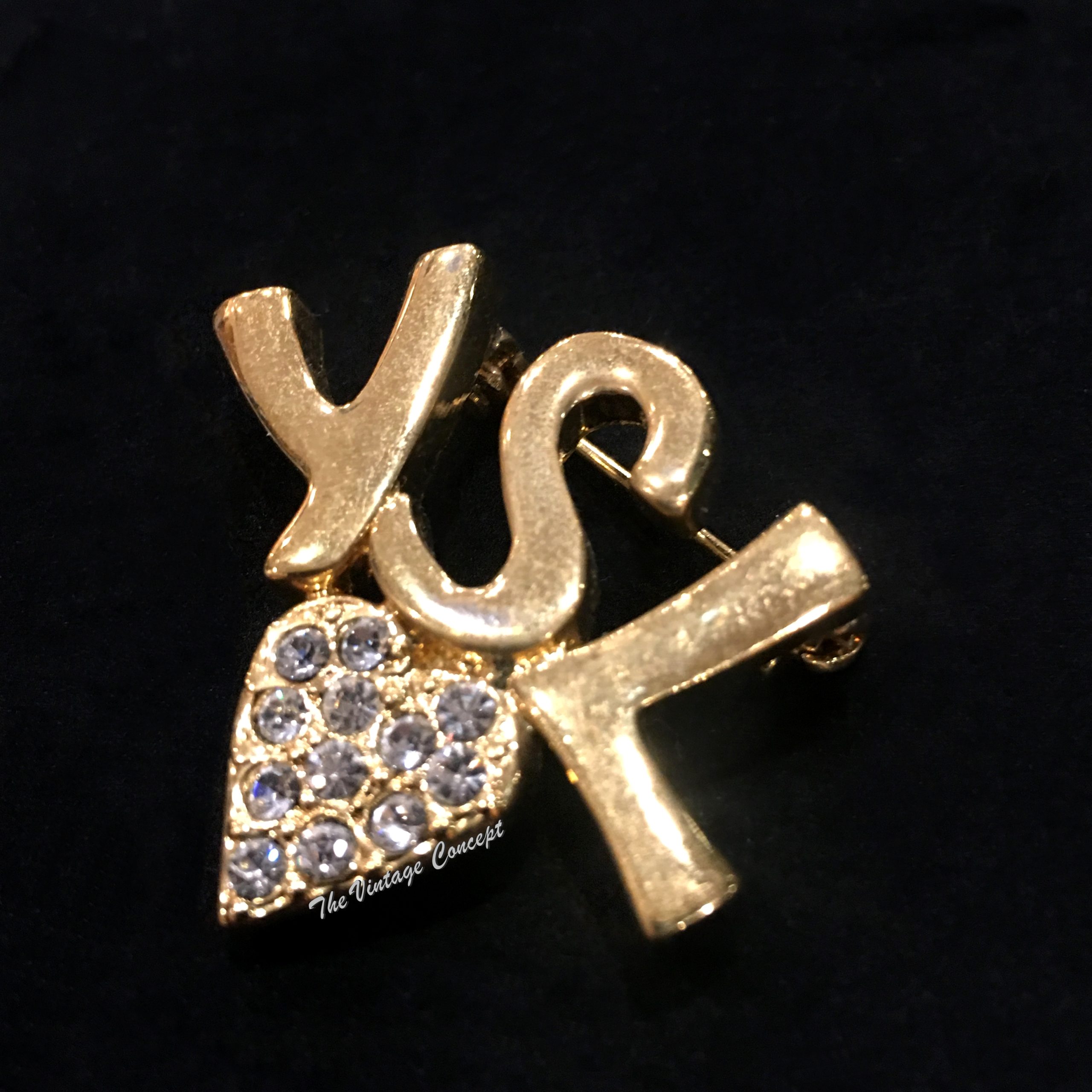 YSL Gold Tone Brooch w/ Heart Shape Rhinestone - The Vintage Concept