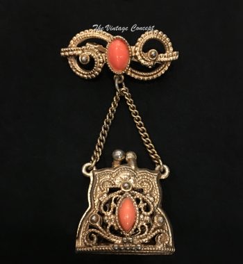 Vintage Filigree Gold tone Coral Glass Purse Brooch 1960's (SOLD) - The Vintage Concept