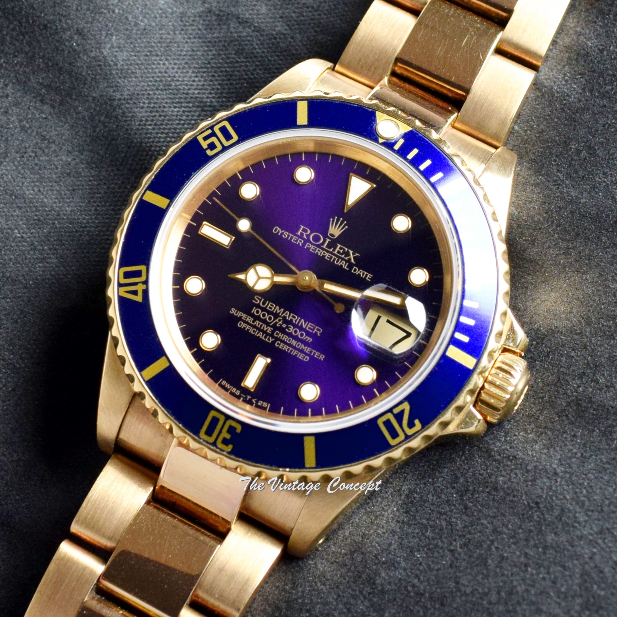 Rolex Submariner 18K Yellow Gold Purple Dial 16808 - The Vintage Concept