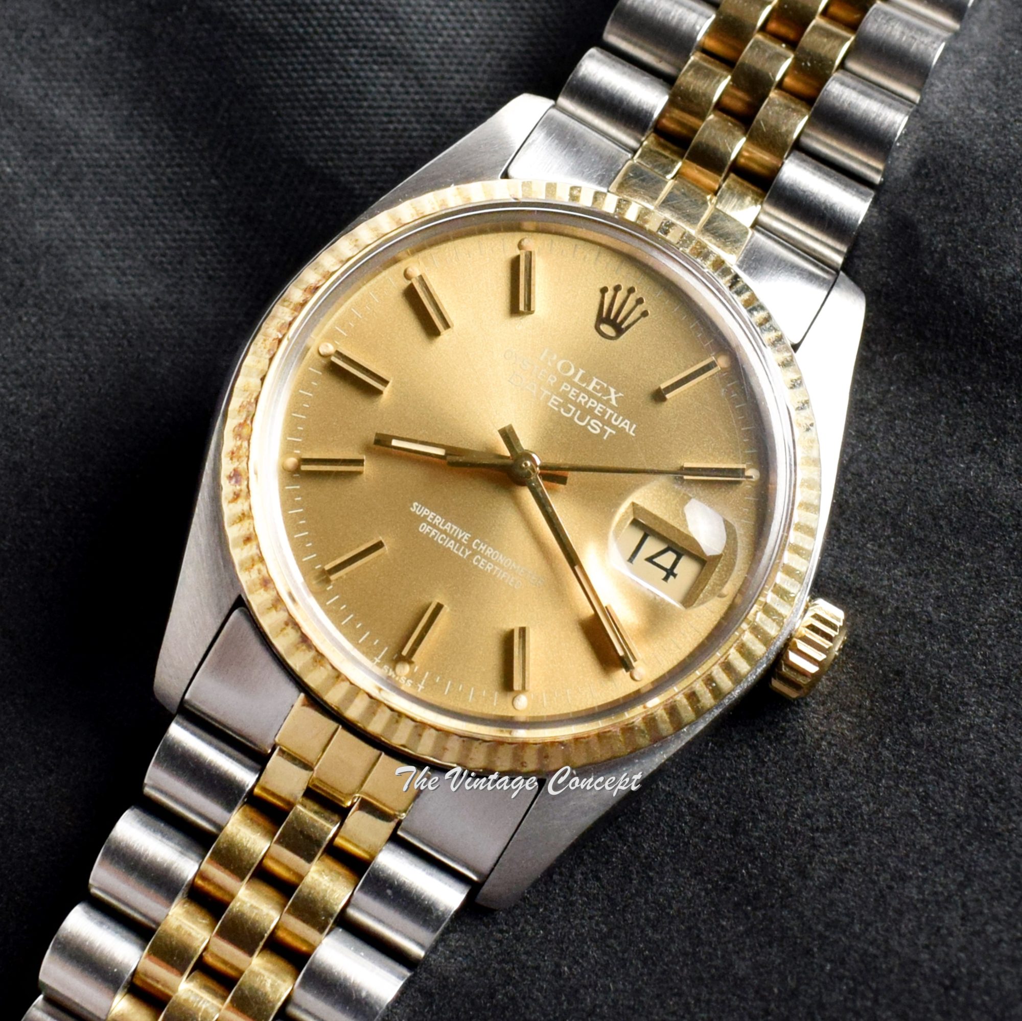 Rolex Datejust Yellow Gold & Steel Gold Champagne Dial 16013 w/ Original Papers (SOLD) - The Vintage Concept