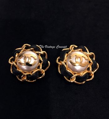 Chanel Gold Tone Large Faux Pearl Leather Clip Earrings from 80's - The Vintage Concept