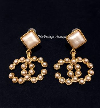 Chanel Gold Tone Large Faux Pearl Dangle CC Logo Clip Earrings - The Vintage Concept