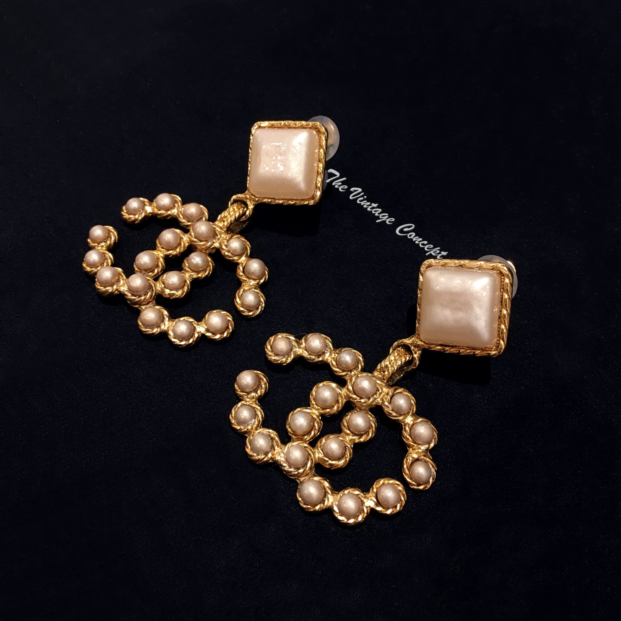 Chanel Gold Tone Large Faux Pearl Dangle CC Logo Clip Earrings (SOLD) - The Vintage Concept