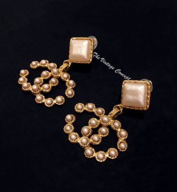 Chanel Gold Tone Large Faux Pearl Dangle CC Logo Clip Earrings - The Vintage Concept