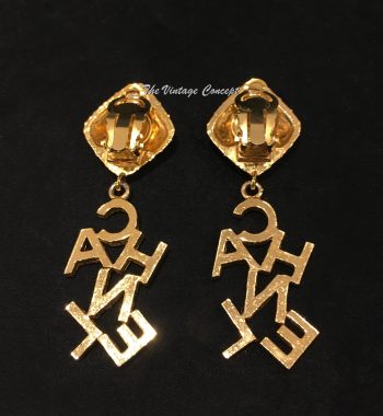 Chanel Gold Tone Diamond Shape Dangle C-H-A-N-E-L Clip Earring from 80's (SOLD) - The Vintage Concept