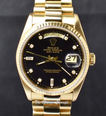 Rolex Day-Date 18K YG Black Charcoal Dial w/ Diamond Indexes 18038 (SOLD) - The Vintage Concept